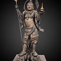 Traditional Deity Sculpture With Ornate Details Holding Scepter And Lantern On Pedestal Base