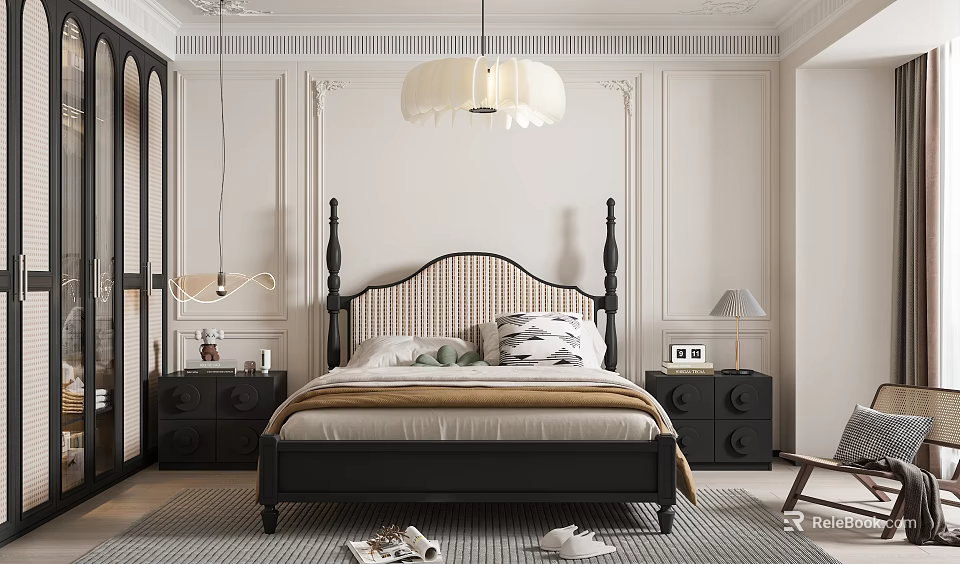 Stylish Bedroom Interior With Paneled Walls Black Bed Frame And White Pendant Lamp 3d model 
