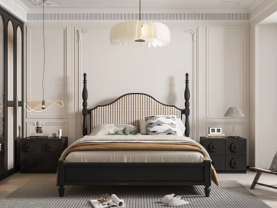 Stylish Bedroom Interior With Paneled Walls Black Bed Frame And White Pendant Lamp 3d model