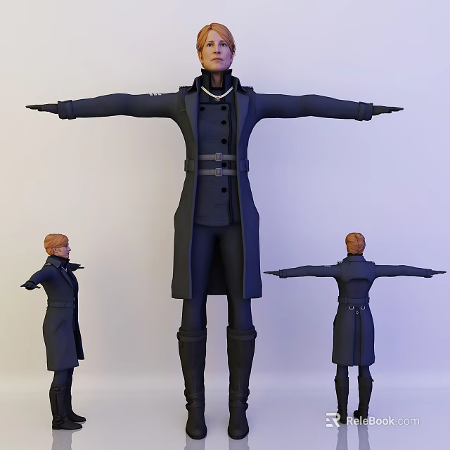 Female Character 3D Model In Long Coat With Belt And Boots From Different Angles 3d model 