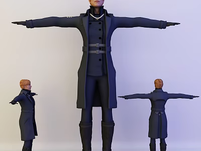 Female Character 3D Model In Long Coat With Belt And Boots From Different Angles 3d model