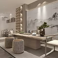 Traditional Chinese Teahouse Interior With Wooden Shelves Stone Decorations Green Plants And Natural Light