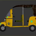 Yellow Tuk Tuk With Brown Canopy Colorful Decorations And Green Lights