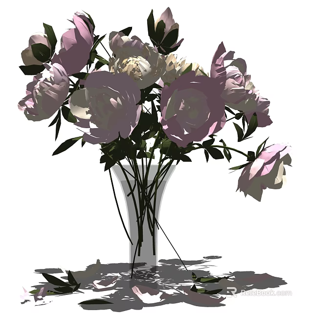 Pink And White Fresh Flowers In Clear Glass Vase With Green Leaves 3d model 