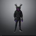 Stylish Character Wearing Black Hoodie Antlered Hood Purple Accents Chain Dark Pants Sneakers