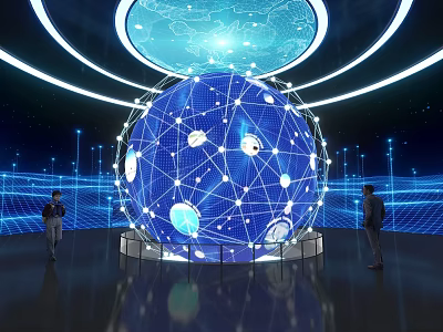 Giant Blue Sphere With Network Connections And Circular Light Bands In Starry Digital Background 3d model