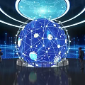 Giant Blue Sphere With Network Connections And Circular Light Bands In Starry Digital Background