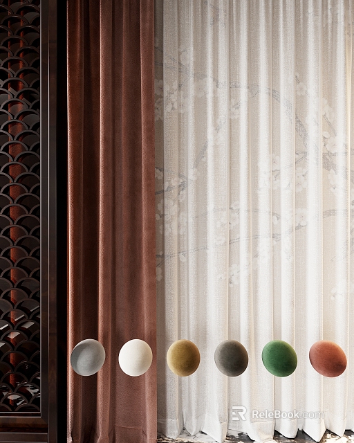 Brown Velvet Curtains And White Sheer Curtains With Dark Fan Pattern Partition Colorful Balls 3d model 