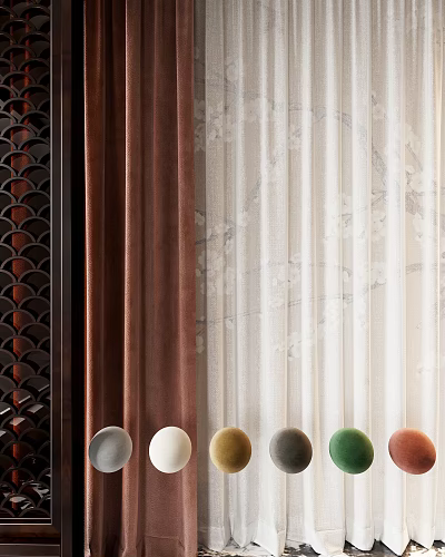 Brown Velvet Curtains And White Sheer Curtains With Dark Fan Pattern Partition Colorful Balls 3d model