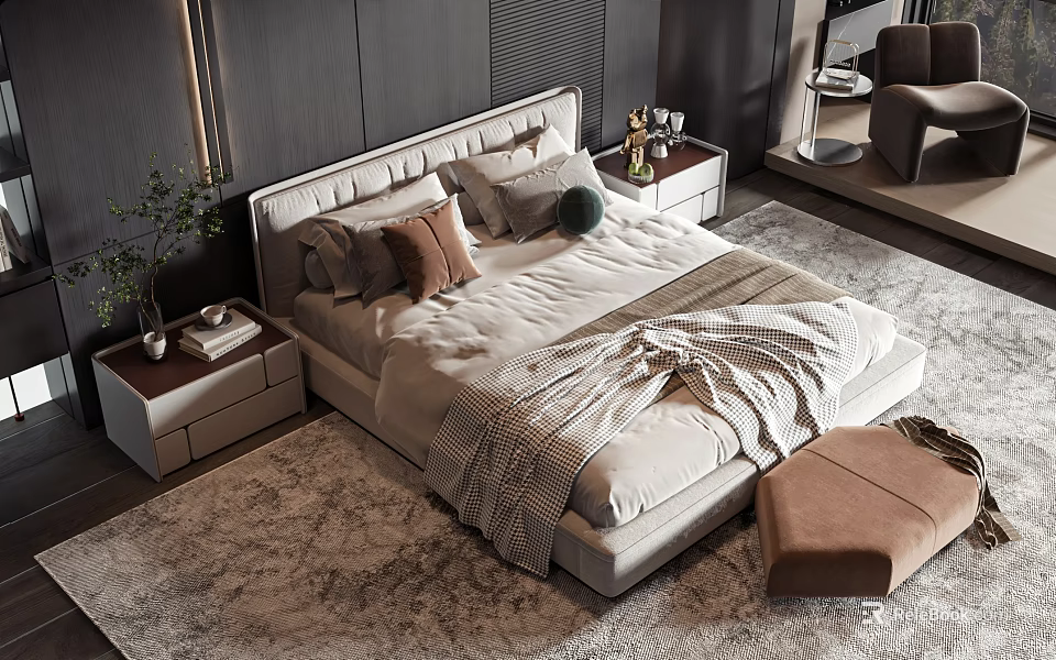 Modern Upholstered Double Bed With Soft Pillows Blanket And Nightstands On Rug 3d model 