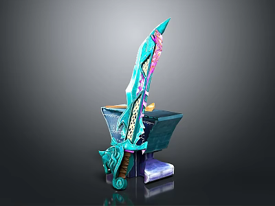 Ornate Blue And Pink Decorative Sword With Intricate Design On Black Stand 3d model