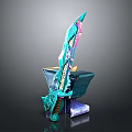 Ornate Blue And Pink Decorative Sword With Intricate Design On Black Stand