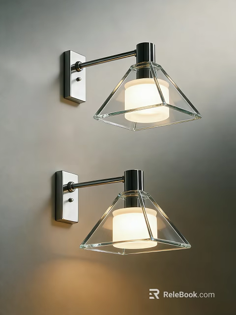 Modern Glass Wall Lamps Mounted On Gray Wall With Geometric Shade And Metal Base 3d model 