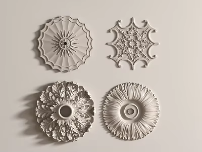 Ornate White Ceiling Medallions With Floral And Radiant Intricate Patterns For Light Fixtures 3d model