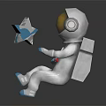 Man In White Astronaut Spacesuit With Helmet Holding Yellow Star Sitting On Dark Reflective Surface