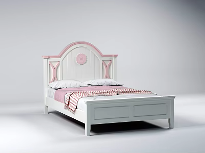 White Double Bed With Pink Accent Headboard Round Decor And Striped Blanket 3d model
