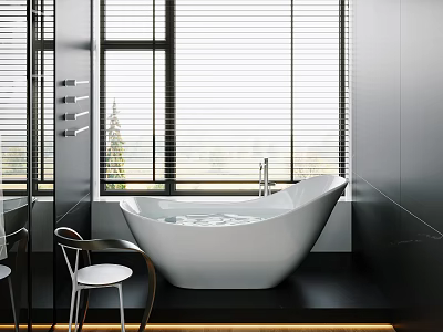Modern Free Standing White Bathtub in Bathroom with Window Blinds Natural Light and Chair 3d model