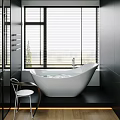 Modern Free Standing White Bathtub in Bathroom with Window Blinds Natural Light and Chair
