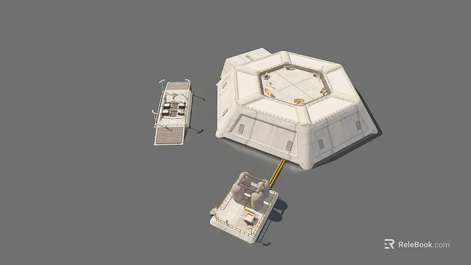 White Octagonal Building Model With Small Connected Platform Structures Design 3d model