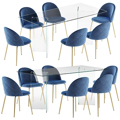 Modern Dining Table And Chairs With Blue Velvet Seats Glass Top And Gold Metal Legs 3d model