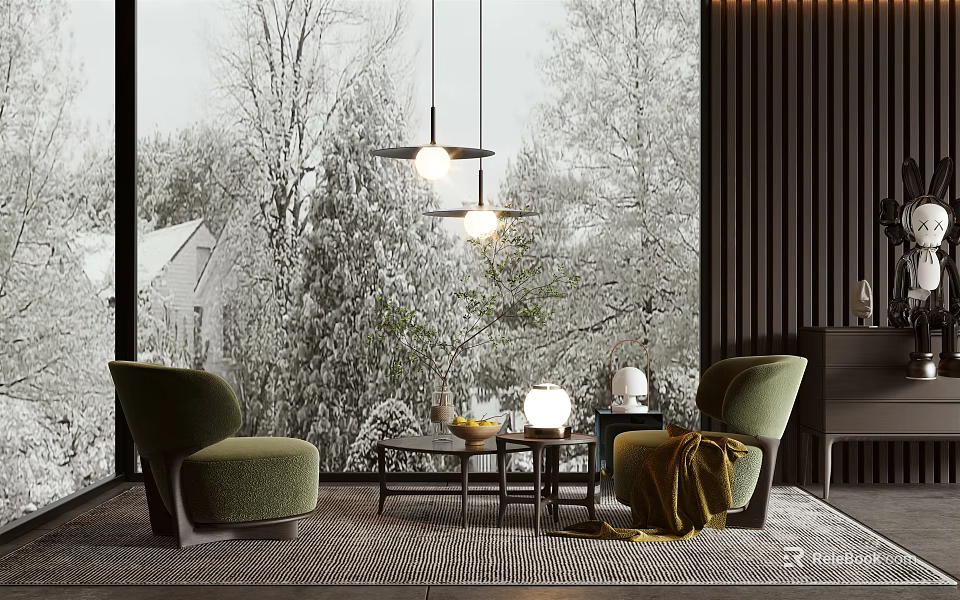 Cozy Casual Sofa Set with Green Chairs Coffee Table Pendant Lights and Snowy View Outside Window 3d model 