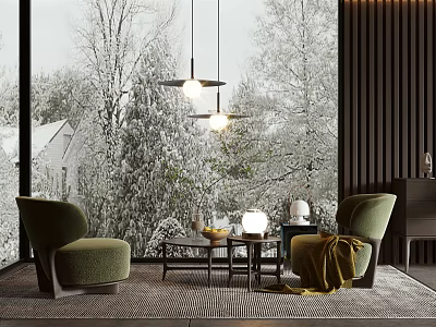 Cozy Casual Sofa Set with Green Chairs Coffee Table Pendant Lights and Snowy View Outside Window 3d model