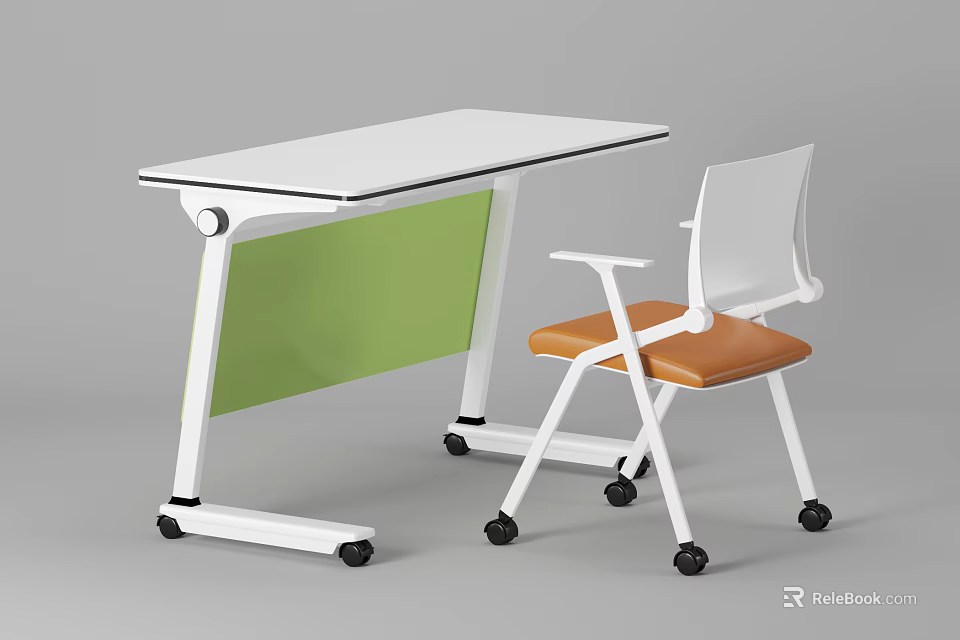 Modern Office Desk With White Tabletop Green Panel And Orange Seat Chair On Wheels 3d model 
