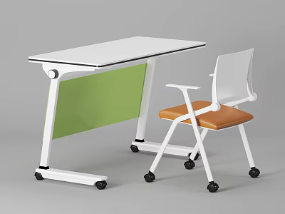Modern Office Desk With White Tabletop Green Panel And Orange Seat Chair On Wheels 3d model