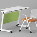 Modern Office Desk With White Tabletop Green Panel And Orange Seat Chair On Wheels