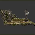 Natural Stone Stairs Flanked By Traditional Stone Lanterns With Green Moss And Rock Background