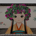 Chinese Scenic Wall with Traditional Costume Girl Flower Crown Ink Plum Bamboo Brick Background