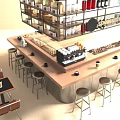 Modern Bar Interior Design With Coffee Machine Metal Stools Wooden Countertop And Overhead Shelves