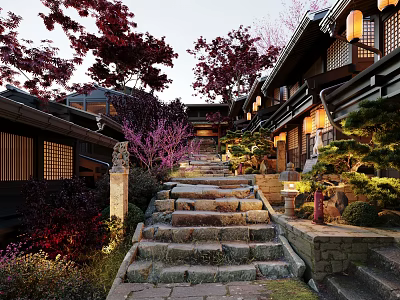 Traditional Commercial Street Featuring Stone Steps Lanterns Red Maple Trees And Illuminated Evening Ambiance 3d model