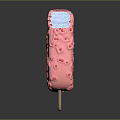 Pink Strawberry Ice Cream Bar With Red Berry Bits On Wooden Stick And Creamy Texture