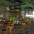 Modern Restaurant Interior With Green Ceiling Plants Wooden Tables And Lighting