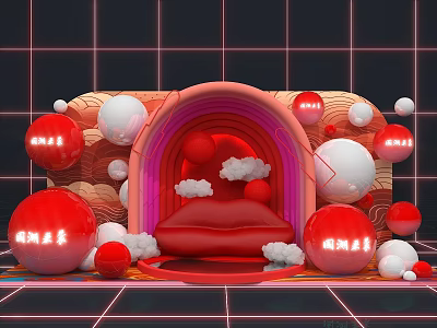 Trendy Photo Spot With Red Lips Arch Clouds And Spheres 3d model