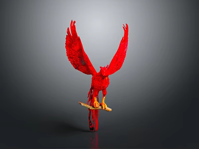 Vibrant Red Phoenix Sculpture With Spread Wings Perched On Wooden Branch 3d model