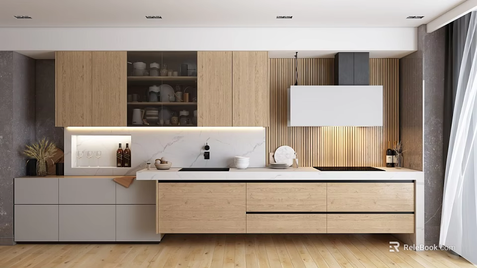 Natural Modern Kitchen Interior With Wooden Cabinets White Countertop Range Hood And Textured Backsplash 3d model 