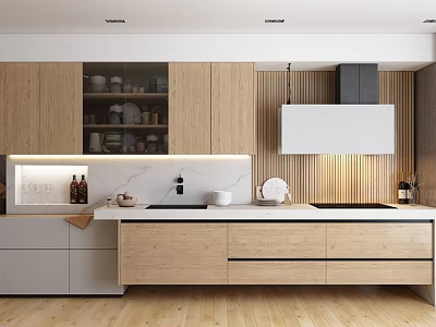 Natural Modern Kitchen Interior With Wooden Cabinets White Countertop Range Hood And Textured Backsplash 3d model