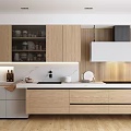 Natural Modern Kitchen Interior With Wooden Cabinets White Countertop Range Hood And Textured Backsplash