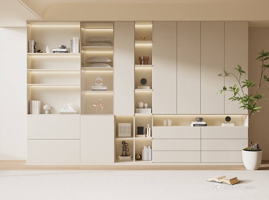 Modern Bookcase With Built in Lighting And Organized Storage Shelves In Minimalist Interior 3d model 