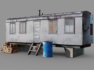 Old Rusty Trailer Exterior With Wooden Logs Ladder And Blue Barrel 3d model