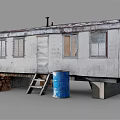 Old Rusty Trailer Exterior With Wooden Logs Ladder And Blue Barrel