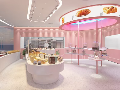Pink Dessert Shop With Circular Display Counter Glass Cases Bright Lighting And Fresh Pastries 3d model