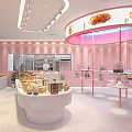 Pink Dessert Shop With Circular Display Counter Glass Cases Bright Lighting And Fresh Pastries