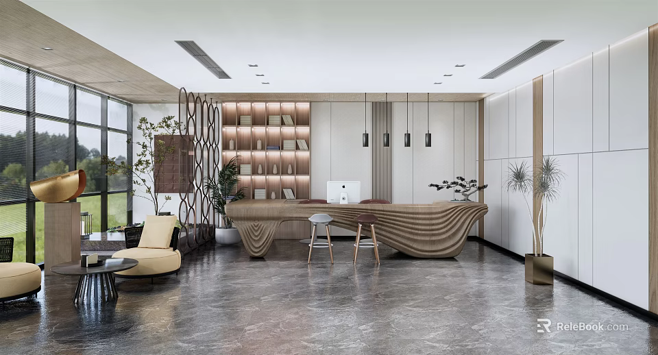 Modern Reception Area Design With Curved Desk Bookshelf Pendant Lights And Marble Floor 3d model 