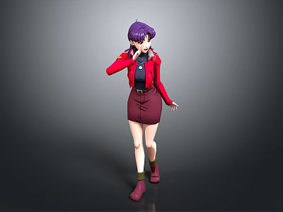 Stylish Game Movie Character With Purple Hair Red Jacket Black Top Red Skirt And Standing Pose 3d model