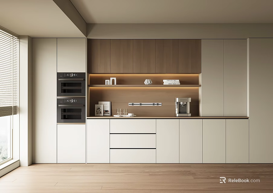 Modern Kitchen Sideboard With Wooden White Cabinets Built-in Oven Coffee Machine And Lighting Shelf 3d model 