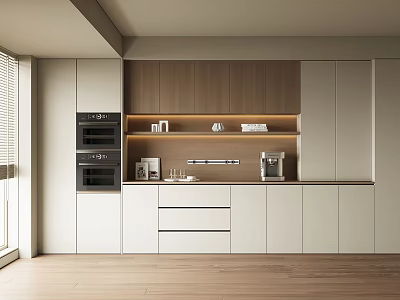 Modern Kitchen Sideboard With Wooden White Cabinets Built-in Oven Coffee Machine And Lighting Shelf 3d model