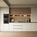 Modern Kitchen Sideboard With Wooden White Cabinets Built-in Oven Coffee Machine And Lighting Shelf